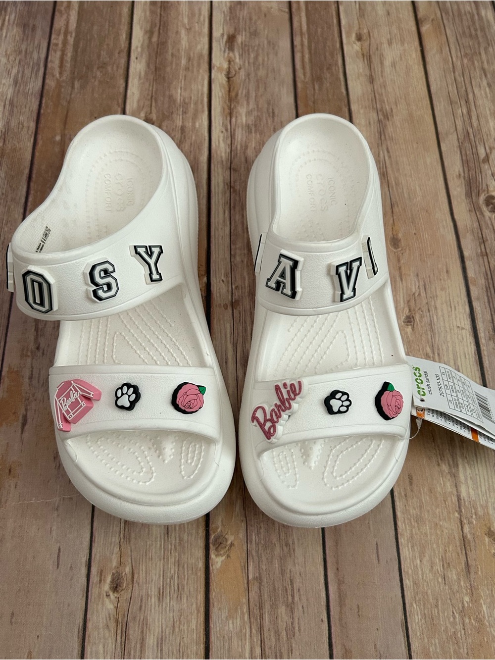 CROCS White Crush Sandal with Pink Rose, Barbie & Black Paw Charms | Size 10 - Picture 2 of 10